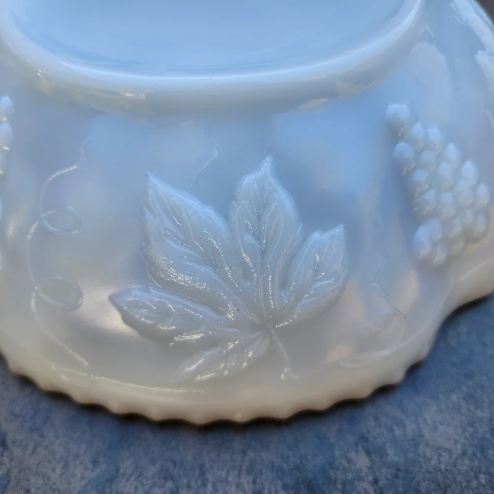 Vintage Anchor Hocking Milkglass Bowl With Grape & Vine Pattern and Gold Trim